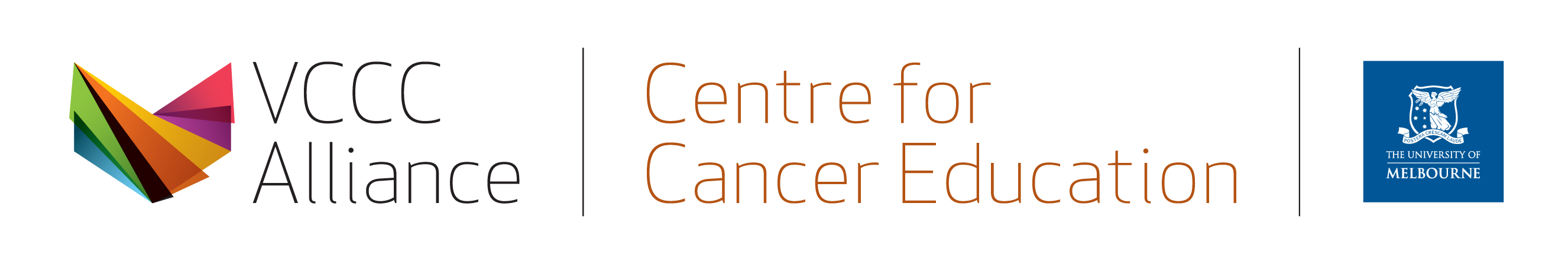 Centre for Cancer Education logo with University of Melbourne logo and VCCC Alliance